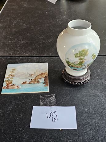 Hand Painted German Schumann Urn Vase & GeorgiaAverell Hand Painted Ceramic Tile