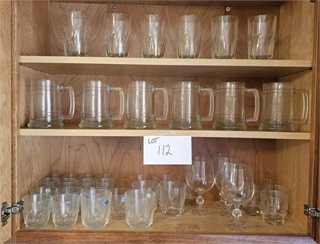 Mixed Glass Lot- Stemmed Wine, Beer Mugs, Juice/Highball Glasses & More
