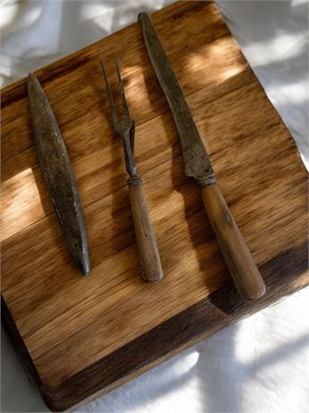 Antique Fame "Eaves Hall" Wood Handled Knife, Serving Fork & Blade Sharpener