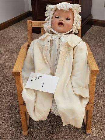 Vintage Effanbee Rubber Doll with Child's Rocker