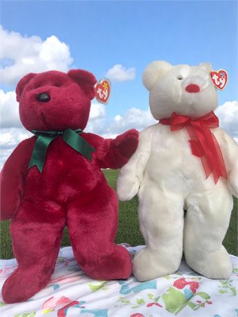 TY Beanie Babies White "Valentino" and Cranberry "Teddy the Bear" Plush Bears