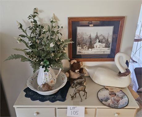 Mixed Decor Lot- Brass Deer, Flue Cover, Basin & Pitcher & More