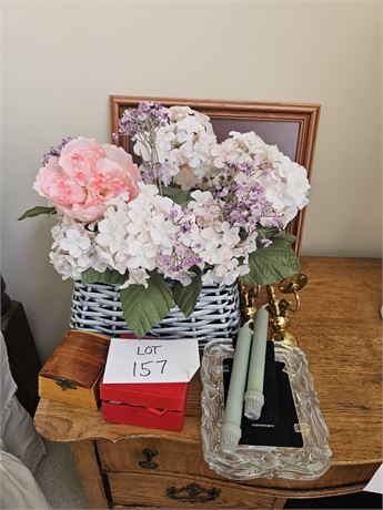 Mixed Decor Lot- Faux Flowers, Picture Frames, Crystal Ornament & More