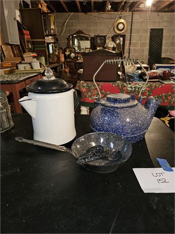 Cast Iron Blue Enamel Lidded Pot / Black Enamel Pan & Spoons Kettle