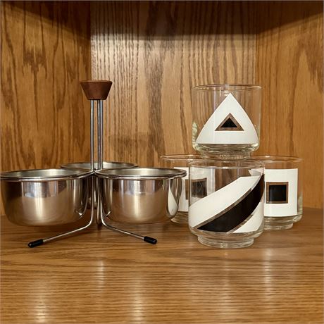 Mid-Century Modern Low Ball Glass Set and Condiment Caddy