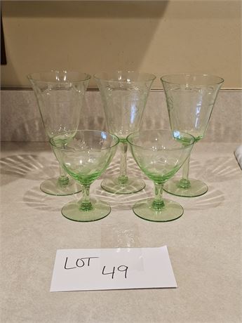 Depression Green Etched Floral Wine & Cocktail Glasses