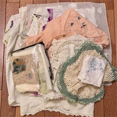 Lot of Embroidered Linens w/ Kerchiefs, Doilies and More