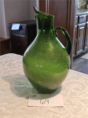 MCM Pilgrim Glass Green Crackle Glass Pitcher w/ Applied Handle