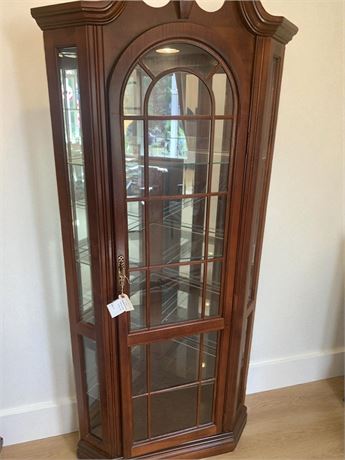 Chocolate Cherry Wood & Glass Lighted Corner Curio Cabinet  21 x 32