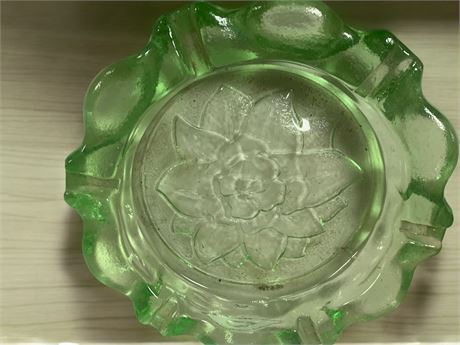 Indiana Glass Green Glass Lotus Flower Embossed Ashtray Tiara Exclusive Line