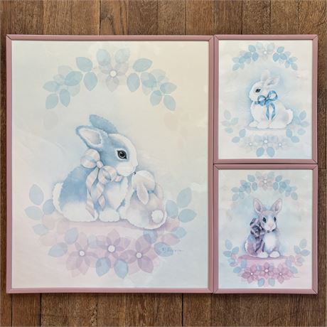 Set of 3 Original Blue and Pink Pastel Bunny Rabbit Paintings - Signed