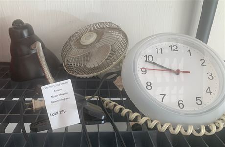 Small Clip On Desk Fan, Clip On Desk Lamp and White Wall Clock Lot