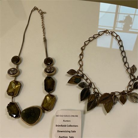 Chunky Stone Necklace W/Smoky Quartz Pendant & Metal Leaf Collar Necklace