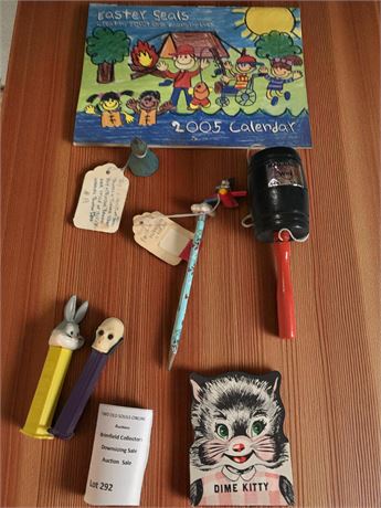 Dime Kitty Savings Folder, 2005 Easter Seals Calendar, Pez Dispensers