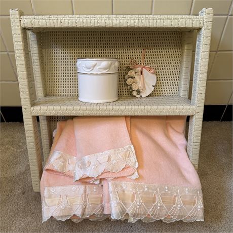 Peachy Bathroom Towel Set and Wicker Storage Shelf