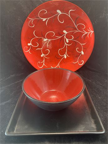 Japanese Red Floral Print Ramen Or Rice Bowl Salad Plate And Tray Lot