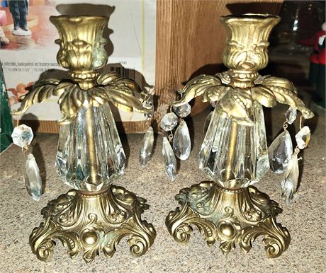 Two Brass & Crystal Candle Holders