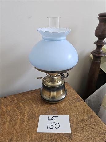 Electrified Brass Oil Lamp With Blue Milk Glass Shade