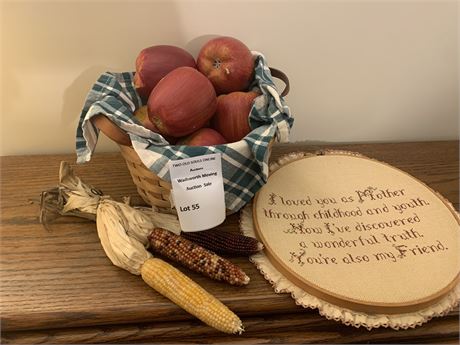 Wicker Fruit Basket W/Apples, Indian Corn, Cross-Stitch Wall Embroidery