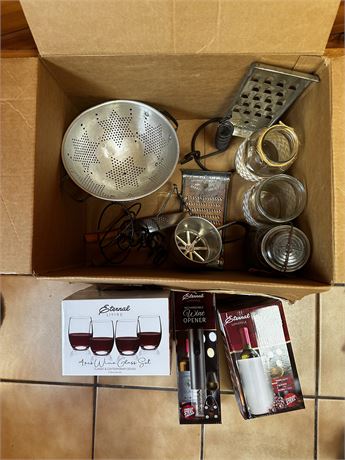 Vintage Kitchen Items, New in box modern Wine opener, glasses etc