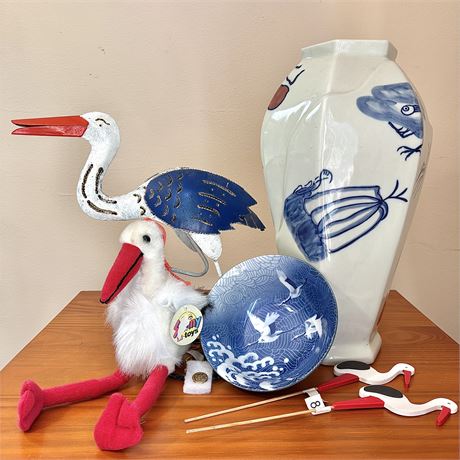 Large Hand Painted Vase (14"T) and Crane Bird Themed Items