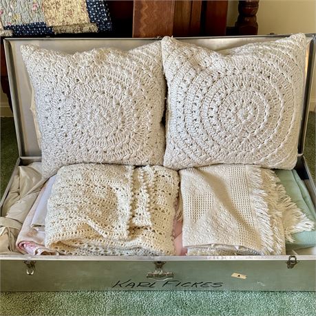 Large Metal Rectangular Storage Box w/ Linens, Blankets, Crocheted Pillows...