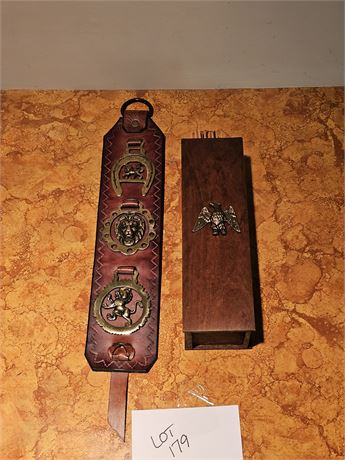 Vintage Horse Brasses On Leather Strap & Wood Match Box