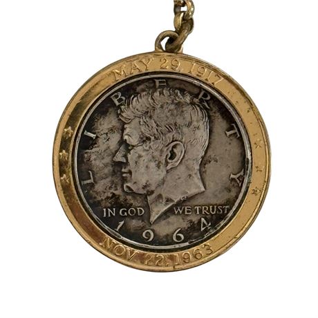 1964 Kennedy Half Dollar 90% Silver Coin in Commemorative Keychain