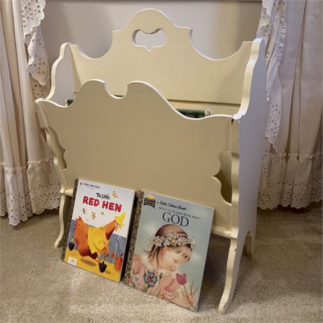 Vintage Wood Magazine/Book Stand with Vintage Children's Books