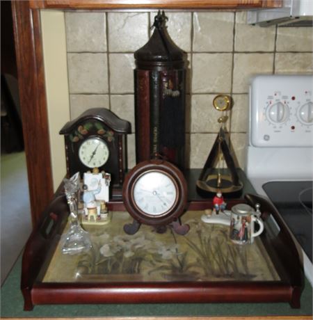 Clocks, Tray, Assorted Decor