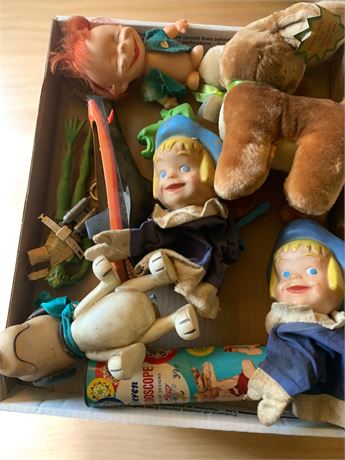 Vintage Misc Small Toys - Dutch Boy Paint Hand Puppets, Snoopy, Plush Rudolph
