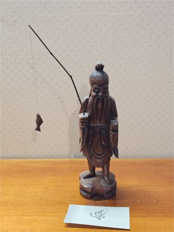 Asian Wood Carved Fisherman Figurine