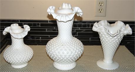 Vintage Fenton Hobnail Milk Glass Vases