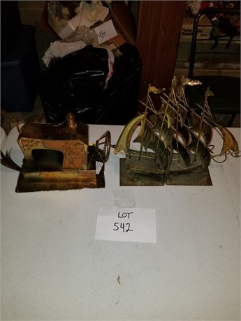 Metal Ship Bookends & Metal Art Sewing Machine Sculpture