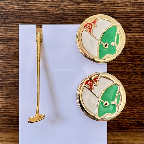 Golf Themed Enamel Clip on Earrings and Putter Pin