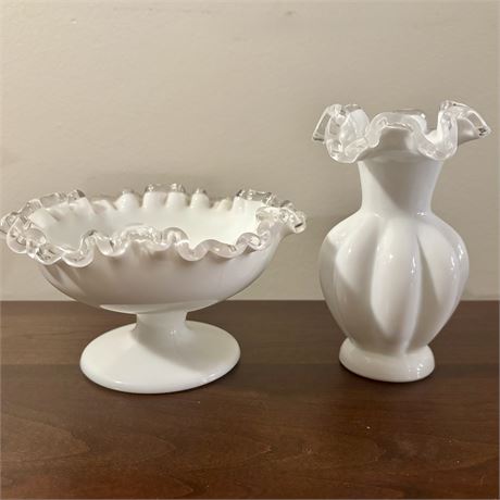 Fenton Silvercrest Art Glass Melon Ball Vase and Compote