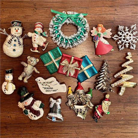 Collection of Holiday Themed Costume Brooches - Several Signed