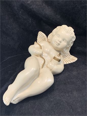 Vintage Chalkware Cherub Angel Wall Art Decoration White With Gold Accents