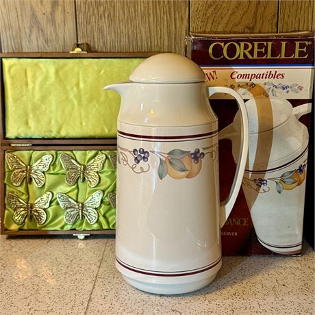 New Corelle Compatibles Abundance Thermal Server & Brass Butterfly Napkin Rings