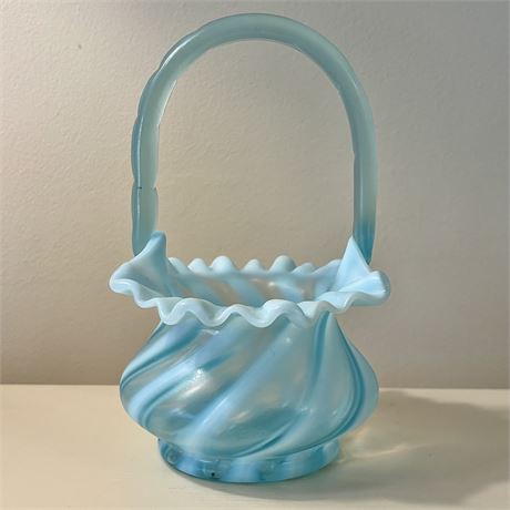 Fenton Blue Opalescent Swirl Art Glass Basket