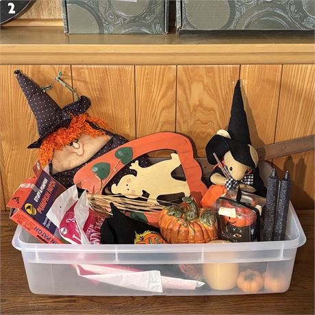 Tote of Mixed Halloween and Related Decorations