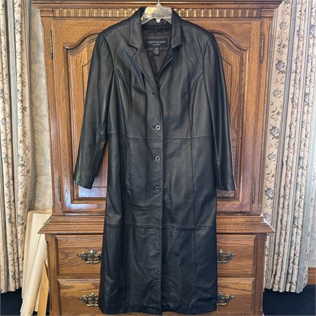 Women's Vintage Centigrade Full Length Black Leather Jacket - Size XS