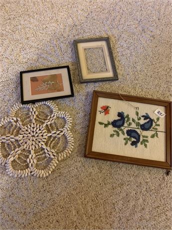 Cross Stitch Seashell Trivet and Handmade Wall Art Lot