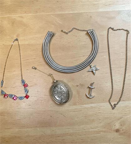 Silver Tone Multi-Strand Snake Chain/Rope Necklace, Star Scatter Pin, L Pin