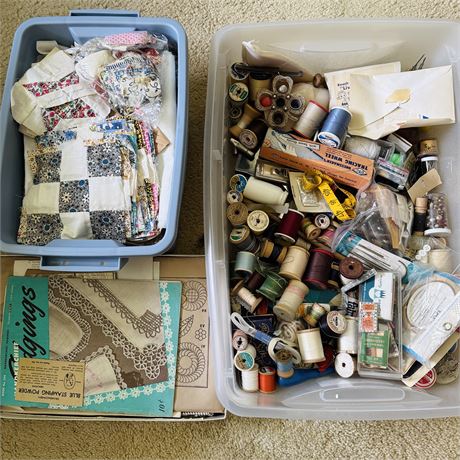 Vintage Sewing Notions, MANY Quilt Patches, Fabric Scraps & Quilt Patterns