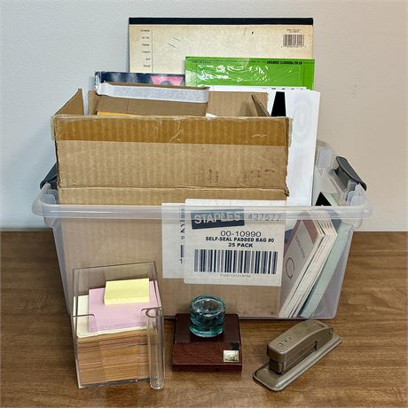 Storage Tote Filled w/ Office Supplies (Shipping Bags, Notebooks, Paper, Etc.)