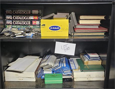 Two Shelves of Stamp Supplies & Catalog Showcards & Stamp Books