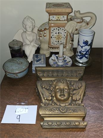 Mixed Ceramic & Pottery- Elephant Plant Stand, Chalkware Cherub Shelf, Asian Tri