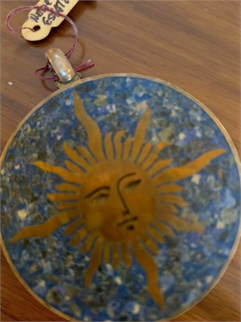 Taxco Mexico 925 Silver Sun Face Pendant W/Crushed Stone Inlay