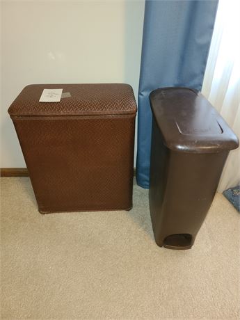 Brown Wicker Clothes Hamper & Brown Rubbermaid Trash Can